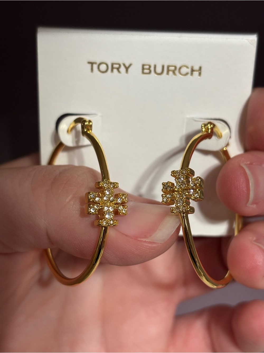 Tory Burch Gold Crystal-Accented Logo Hoop Earrings